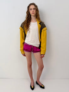 Kaki & Yellow Leather Aviator Jacket thumbnail 1
