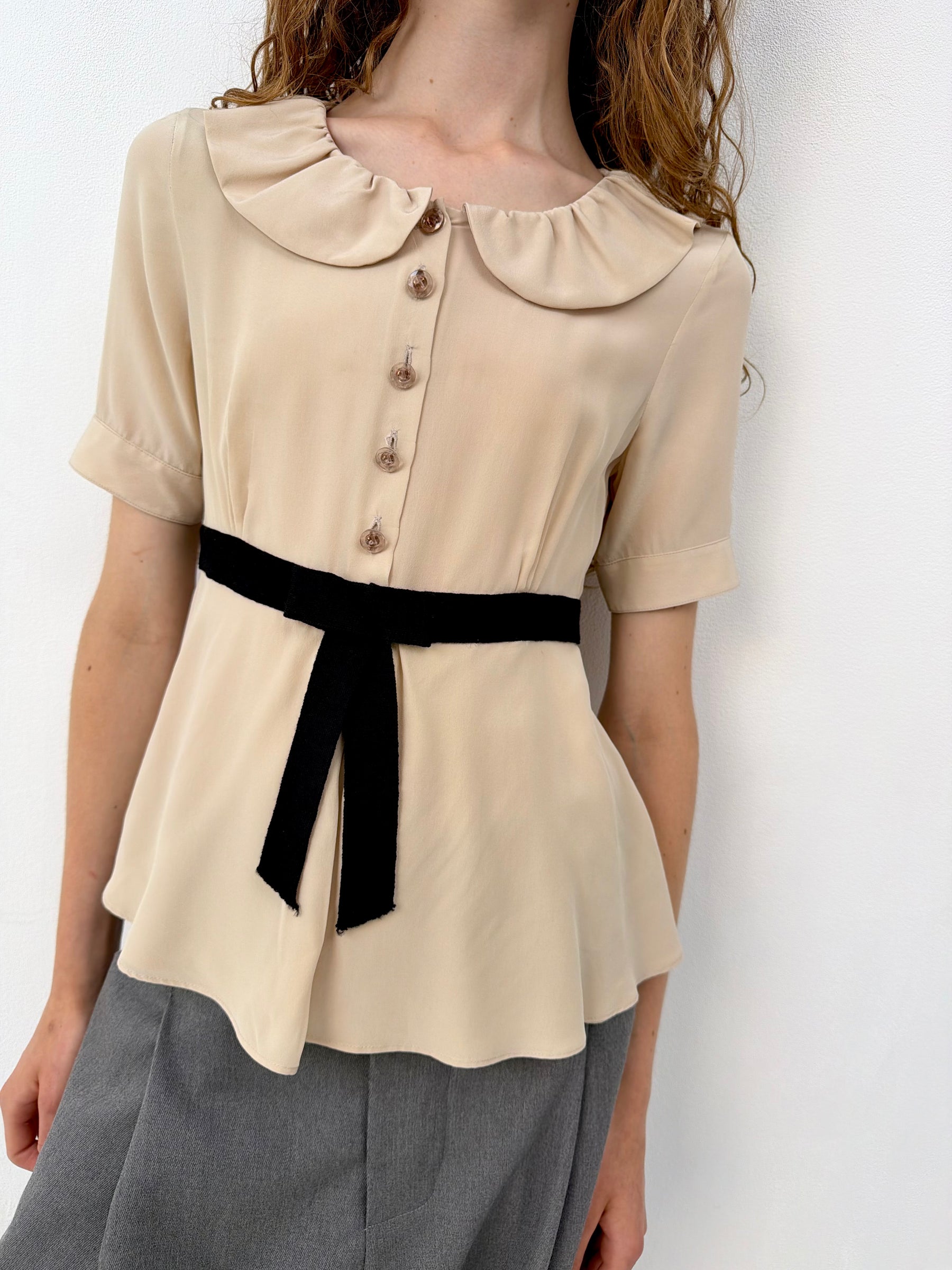 Fendi Beige & Black Bow Blouse