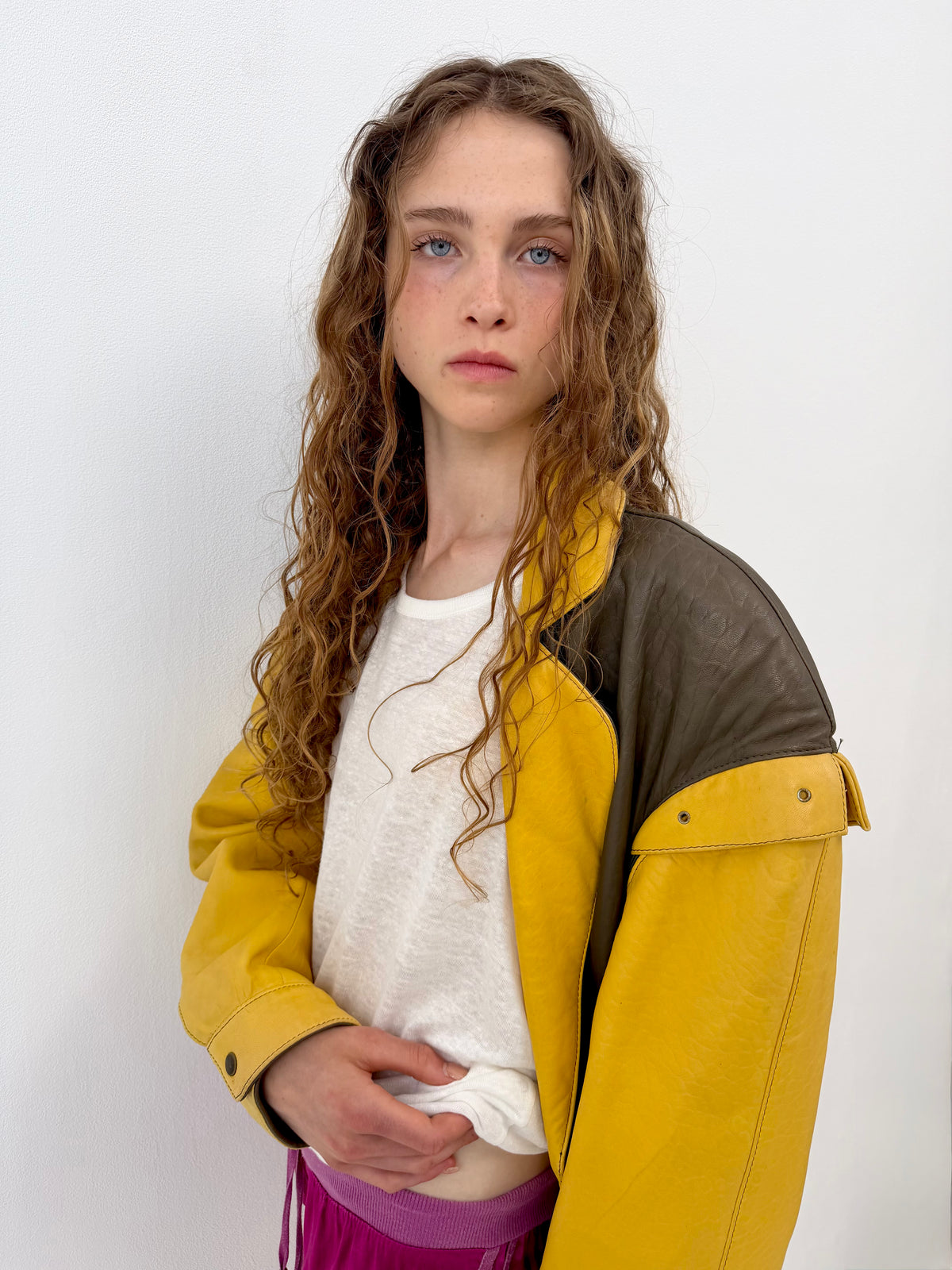 Kaki & Yellow Leather Aviator Jacket