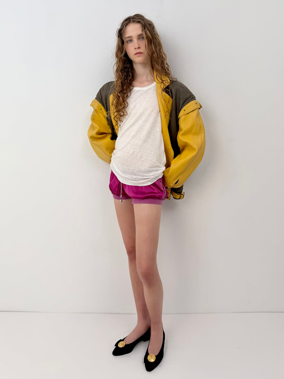 Kaki & Yellow Leather Aviator Jacket