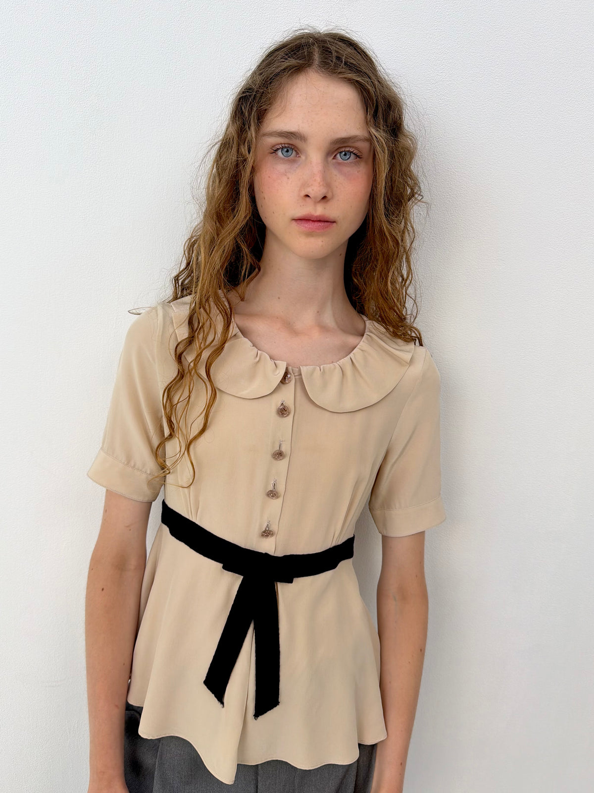 Fendi Beige & Black Bow Blouse