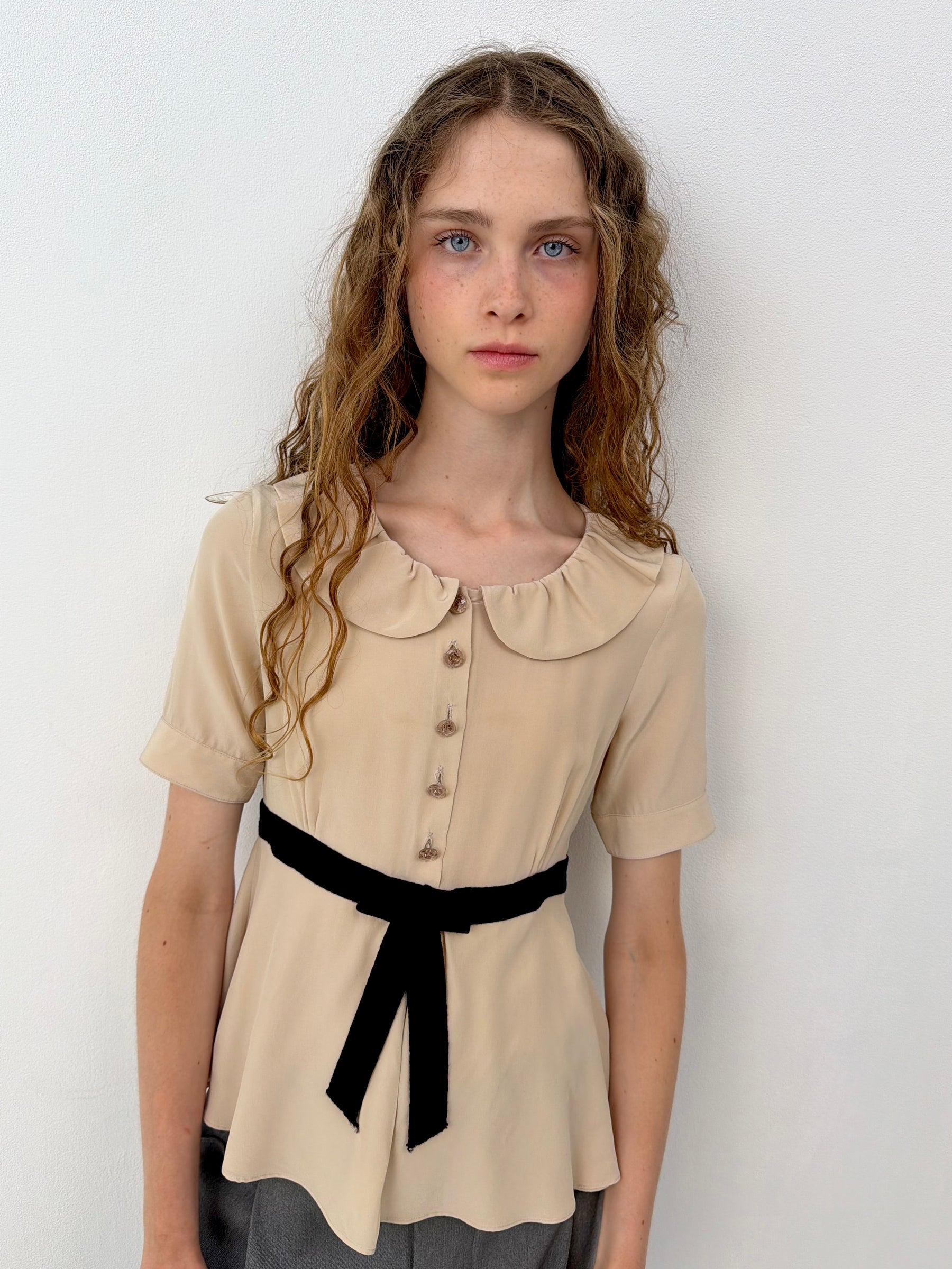 Fendi Beige & Black Bow Blouse
